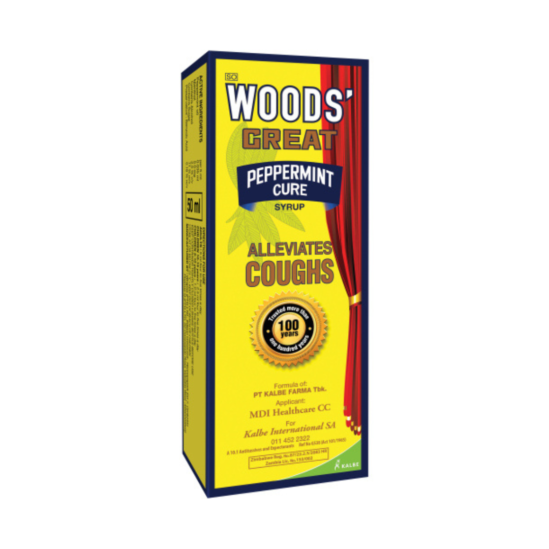Woods Great Peppermint Cure 50ml cough syrup bottle with peppermint leaf design